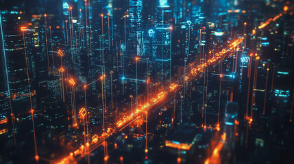 Obraz premium Smart digital Innovation city with connection network reciprocity over the twilight cityscape. of future smart wireless digital city and social media networking systems that connects people with city