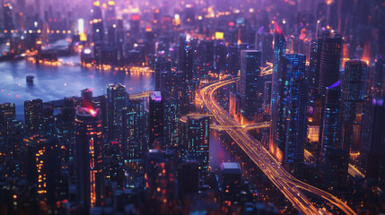 Fototapeta premium Smart digital Innovation city with connection network reciprocity over the twilight cityscape. of future smart wireless digital city and social media networking systems that connects people with city