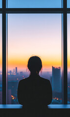 Fototapeta premium Businesswoman reflecting at sunset in office urban cityscape inspirational view
