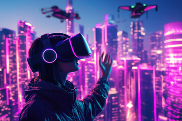 Fototapeta premium Man using a VR headset and interacting with a holographic urban environment.