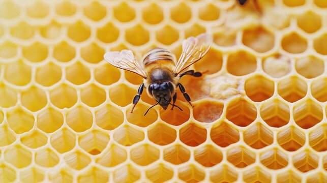 Close-up view of honeycomb. Bee collects honey in hexagonal cells. Natural honeybee at work. Honeycomb texture. Healthy food ingredient. Macro photo of beekeeping. Organic product. Nature details.