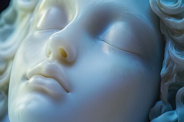 A detailed view of a female figurine, with intricate facial features