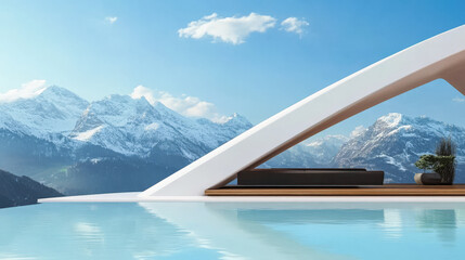 Fototapeta premium Modern infinity pool overlooking snow-capped mountains under a clear blue sky