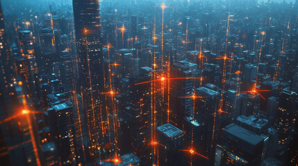 Fototapeta premium Smart digital Innovation city with connection network reciprocity over the twilight cityscape. of future smart wireless digital city and social media networking systems that connects people with city