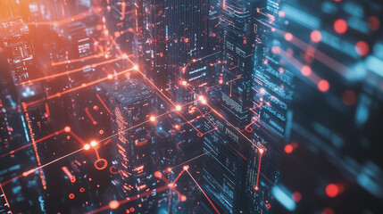 Fototapeta premium Smart digital Innovation city with connection network reciprocity over the twilight cityscape. of future smart wireless digital city and social media networking systems that connects people with city