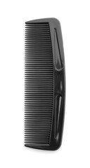 One black plastic comb isolated on white, top view