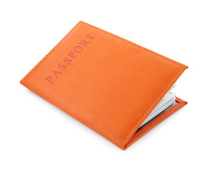 Passport in orange cover isolated on white