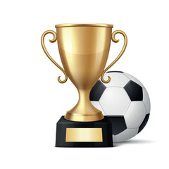 Vector 3D Realistic Golden Winner Champion Cup and Soccer Ball Set. Metal Trophy Design Template for Sports Championship. Trophy and Soccer Ball, Front View. Vector Illustration for Sports Concepts