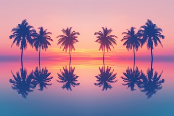 Fototapeta premium Abstract palm tree silhouettes against a colorful sunset sky with an ocean reflection