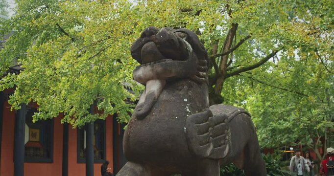 Chengdu, Sichuan, China. Stone Guardian Lion at Wuhou Memorial Temple. Guardian Lion Or Imperial Guardian Lions Are Traditional Chinese Architectural Ornament. Memorial Temple Of Marquis Wu