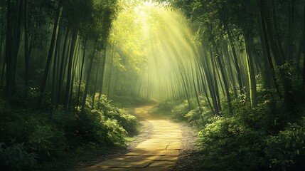 Sunlit Path Through a Serene Bamboo Forest