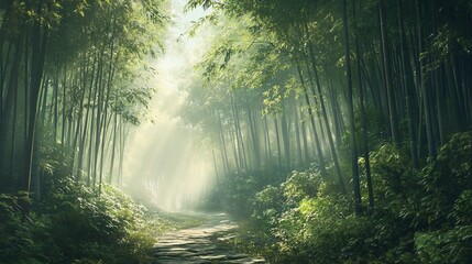 Fototapeta premium Mystical Bamboo Forest Path: A Sunlit Trail Through Lush Greenery