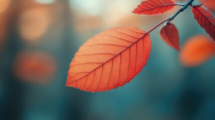 Obraz premium A single red leaf on a branch with a blurred background.