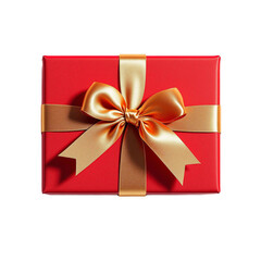 Red gift box with gold silk ribbon bow on top view isolated on transparent background