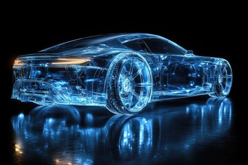 Fototapeta premium A sleek blue car reflected on a shiny surface, great for tech or automotive concepts