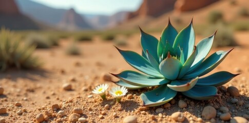 Blue agave plant with white flowers on the ground in a dry landscape, ground, flowers