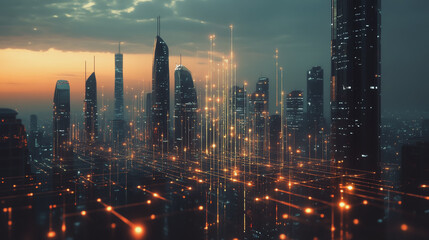 Fototapeta premium Smart digital Innovation city with connection network reciprocity over the twilight cityscape. of future smart wireless digital city and social media networking systems that connects people with city