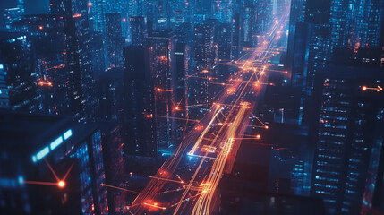 Smart digital Innovation city with connection network reciprocity over the twilight cityscape. of future smart wireless digital city and social media networking systems that connects people with city