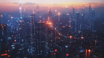 Obraz premium Smart digital Innovation city with connection network reciprocity over the twilight cityscape. of future smart wireless digital city and social media networking systems that connects people with city