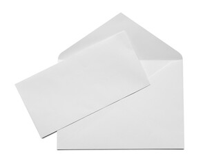 Envelope with card isolated on white, top view. Mockup for design