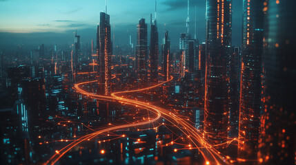 Naklejka premium Smart digital Innovation city with connection network reciprocity over the twilight cityscape. of future smart wireless digital city and social media networking systems that connects people with city