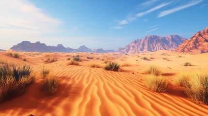 Fototapeta premium Stunning Desert Landscape with Rippled Sands and Majestic Mountains