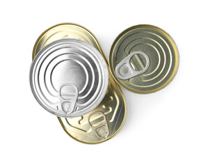 Many closed tin cans isolated on white, top view