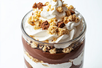 Indulgent layered dessert featuring chocolate ganache, whipped cream, and crumbled cookies in a glass jar