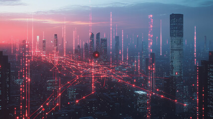 Fototapeta premium Smart digital Innovation city with connection network reciprocity over the twilight cityscape. of future smart wireless digital city and social media networking systems that connects people with city