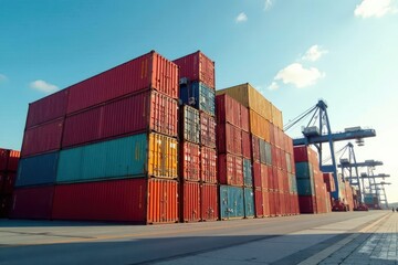 Towering stack of shipping containers at port, boxes, industry