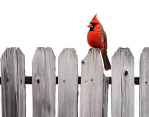 Red cardinal bird perched on top of an old wooden fence isolated on a transparent background