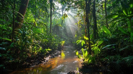 Sunbeams Illuminating Lush Rainforest Creek