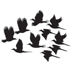 Flock of flying birds silhouette vector, Flying bird black silhouette vector set