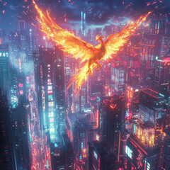 Obraz premium Glowing phoenix soaring over a futuristic neon-lit cityscape at night.