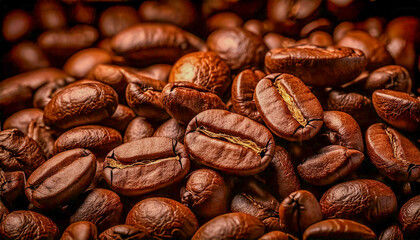 Fototapeta premium Roasted Coffee Beans Close-Up,Close-up of roasted coffee beans with rich, dark brown tones and detailed textures.