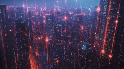 Obraz premium Smart digital Innovation city with connection network reciprocity over the twilight cityscape. of future smart wireless digital city and social media networking systems that connects people with city