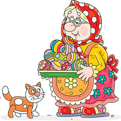 Granny with her funny cat carrying a dish with colorfully painted Easter eggs for a traditional holiday table, vector cartoon illustration on a white background