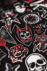 Fototapeta premium Close-up view of a black shirt featuring bold red and white designs