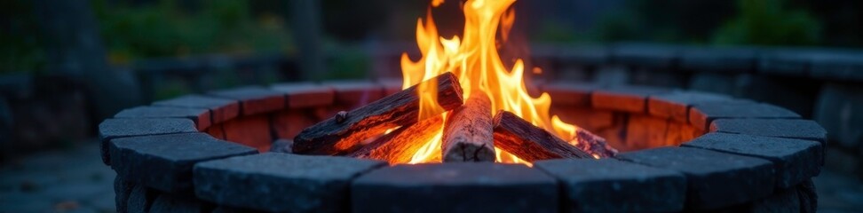 Blue and orange flames flickering softly in a round fire pit, scenery, ambiance