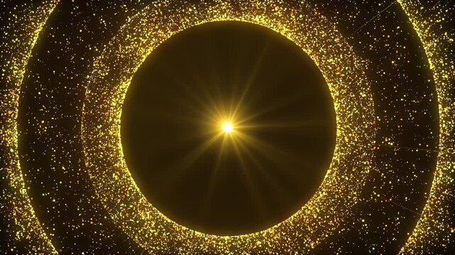 Beautiful luxury Gold light sparkling particles explosion. ring wave with glittering light rays for award event. Digital Art. Computer animation. Modern background. motion design. Loopable. LED. 4K