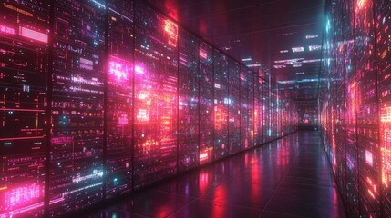 Fototapeta premium A blurred view of a modern data center corridor,