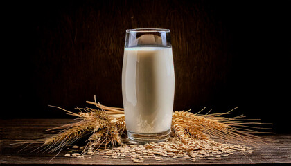 Oat Milk and Oats,A glass of oat milk with a bowl of oats and wheat stalks on a wooden surface against a dark background.