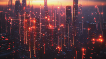 Obraz premium Smart digital Innovation city with connection network reciprocity over the twilight cityscape. of future smart wireless digital city and social media networking systems that connects people with city