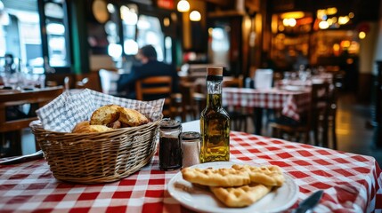A cozy Italian trattoria with checkered tablecloths, a basket of breadsticks, and a bottle of olive oil on the table