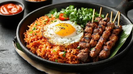 Fototapeta premium Delicious Plate of Fried Rice with Egg and Grilled Skewered Meat