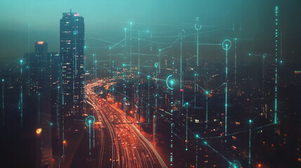 Naklejka premium Smart digital Innovation city with connection network reciprocity over the twilight cityscape. of future smart wireless digital city and social media networking systems that connects people with city