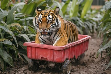 Tiger Cub in a Red Wagon: A Majestic Moment in Nature's Embrace