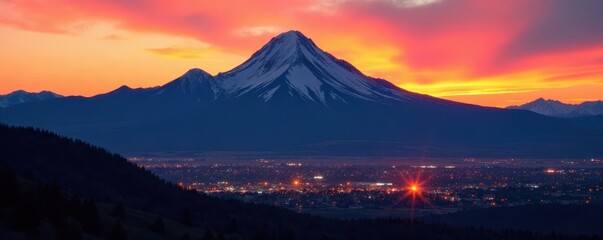 Pikes Peak's majestic shadow over city buildings at sunset, evening, high altitude
