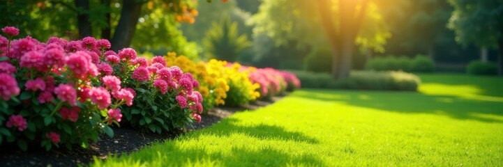 Obraz premium flowering shrubs, manicured lawn, late spring sunlight, May, light