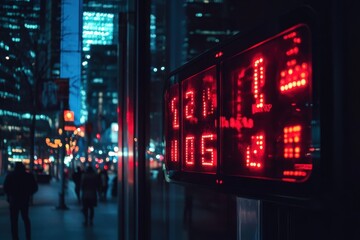 Obraz premium Illuminated Red LED Sign Displaying Numbers in Urban Setting . A vibrant red sign indicating 